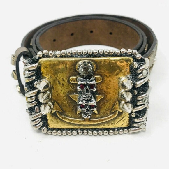 I.V.Y. Brown Leather Studs Skull Buckle Belt